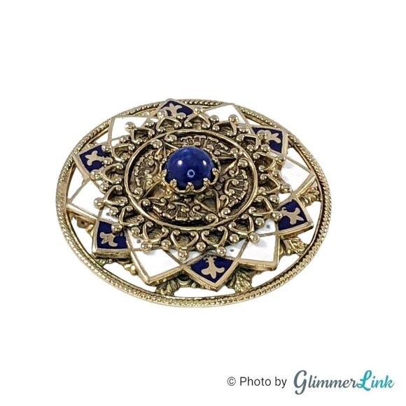 Vintage Ornate Round Blue White Fleurs de Lis Gold Tone Brooch Pin - Picture 3 of 8